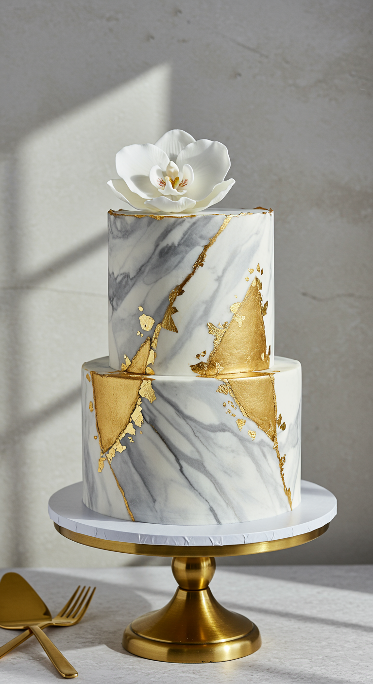 Zweistöckige Torte mit grau-weißem Marmor-Effekt, goldenen Akzenten und weißer Orchidee.