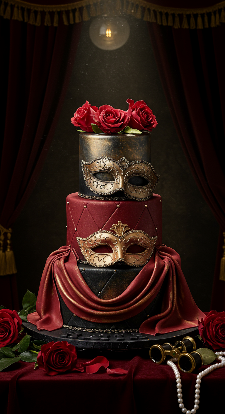 Dreistöckige Maskenball-Torte (rot/schwarz) mit goldenen Masken, Stoffdrapierungen.
