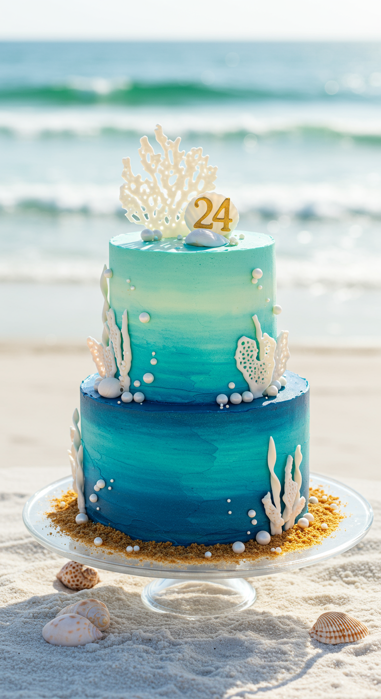 Zweistöckige Meerestorte in Blau-Ombré mit weißen Korallen, Muscheln und Zahl 24 Topper am Strand.
