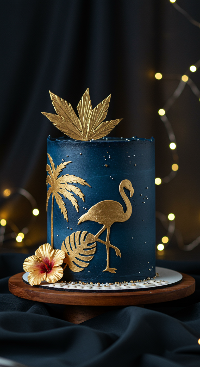 Dunkelblaue Torte mit goldenen Flamingo- und Palmblatt-Silhouetten und Hibiskusblüte.