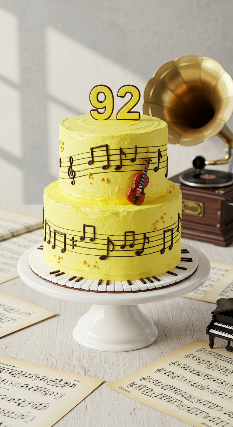 Gelbe zweistöckige Torte mit Notenlinien, Musikinstrumenten und Zahl 92.