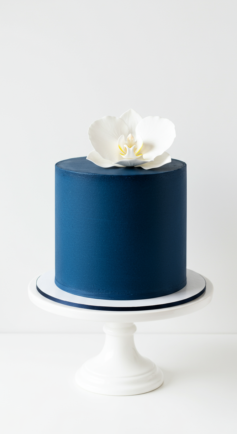 Dunkelblaue Torte mit einer einzelnen weißen Orchideenblüte obendrauf.