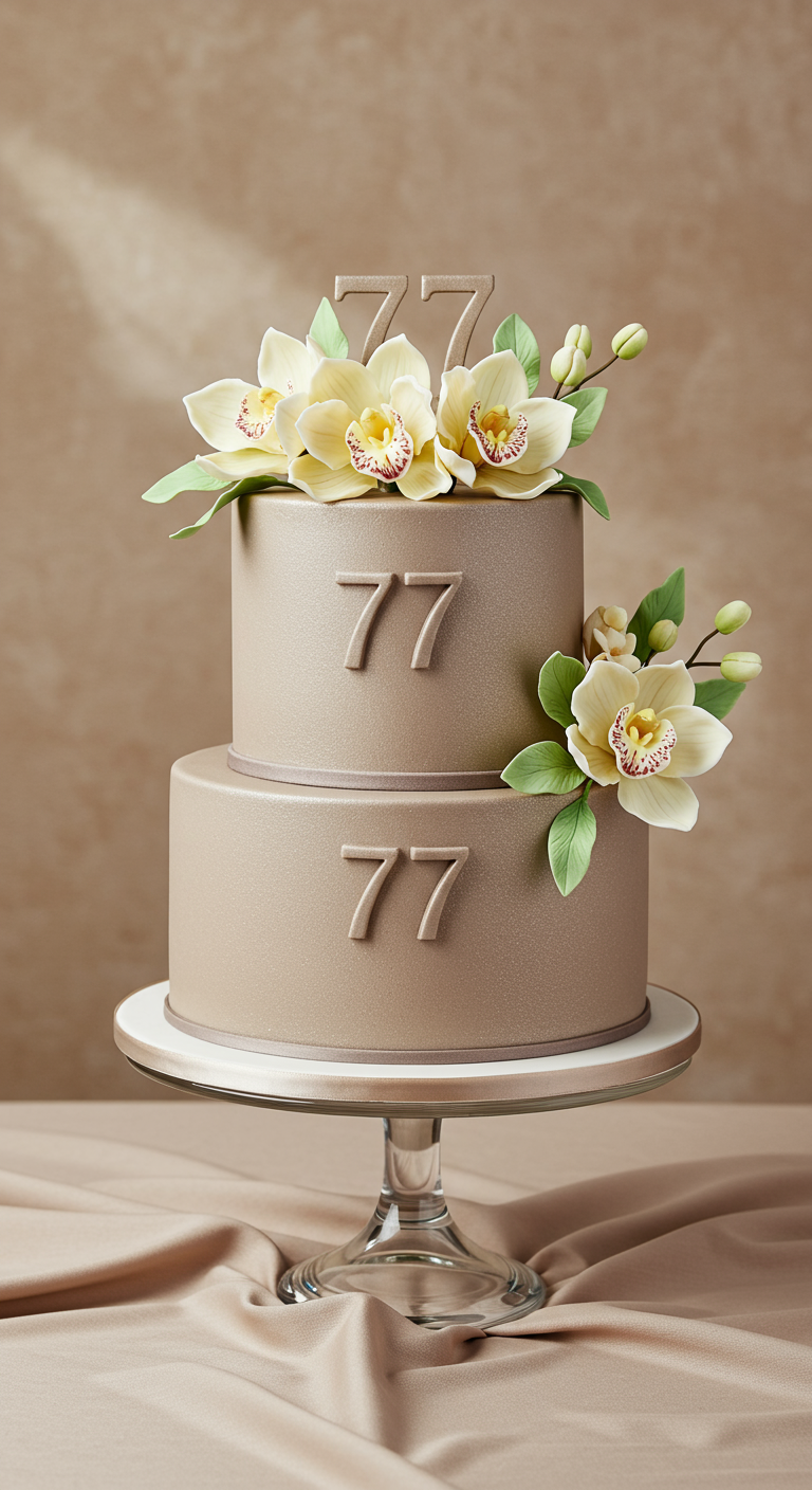 Zweistöckige Nude-farbene Torte mit realistischen Zucker-Orchideen und geprägter 77.
