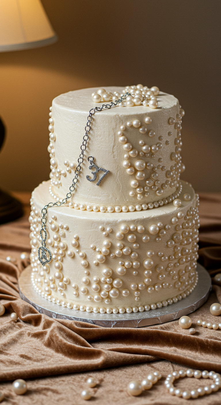 Zweistöckige cremefarbene Torte, über und über mit Zuckerperlen und einer Schmuck-„37“ verziert.