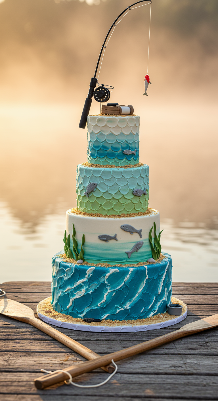 Mehrstöckige Torte mit Angelmotiv, Wellen, Fischen und Schilf.