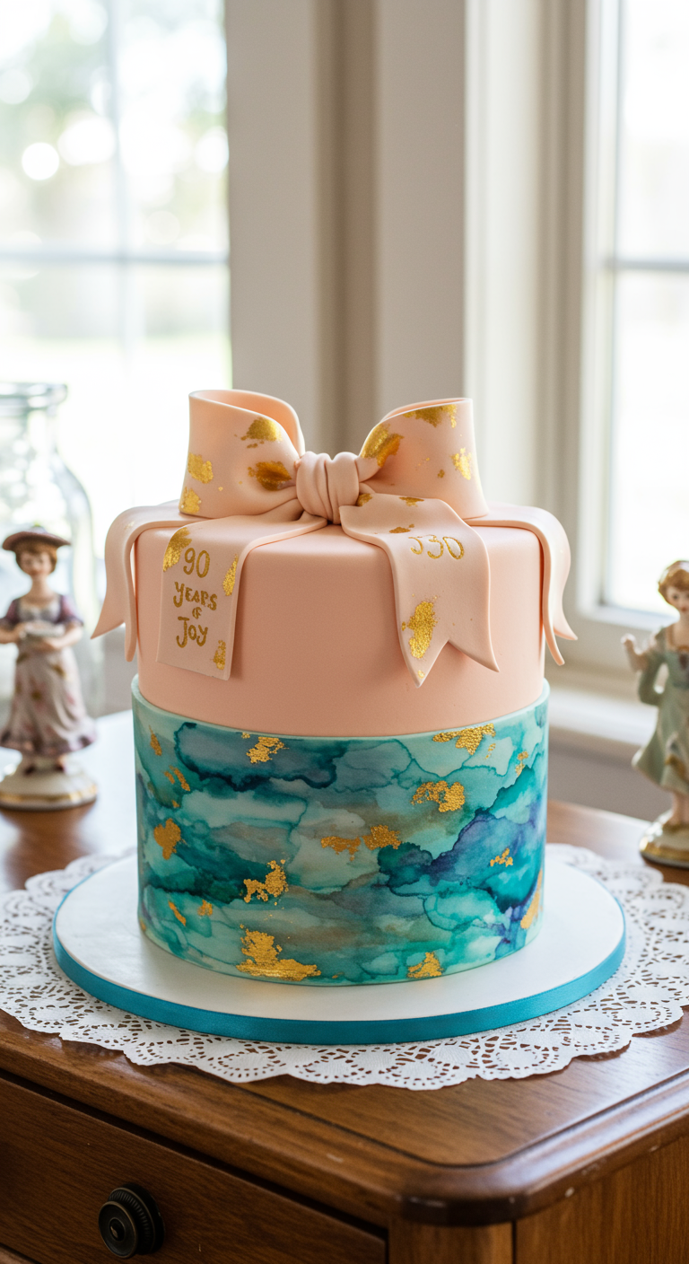 Zweistöckige Torte: unten blau-türkis Aquarell, oben pfirsichfarben mit großer Fondant-Schleife.