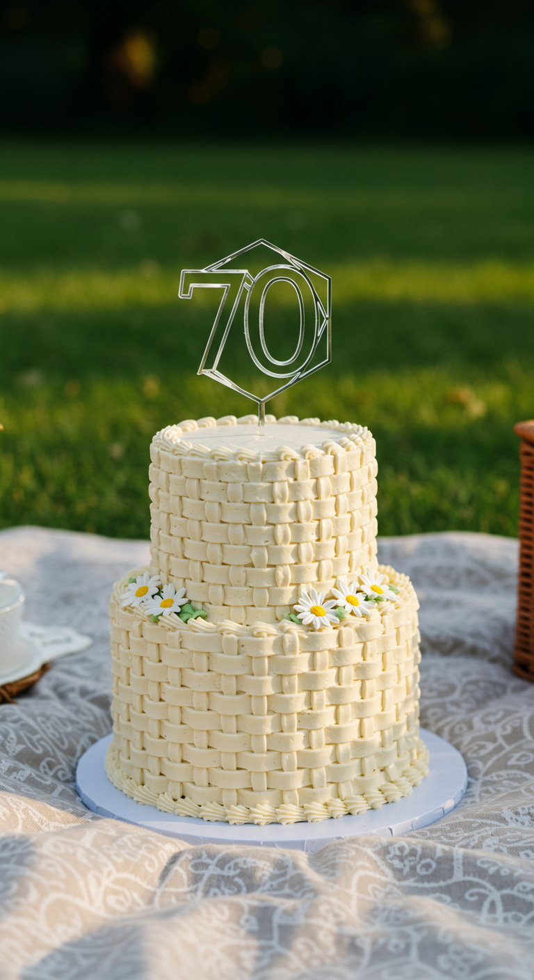 Zweistöckige Torte in Korbgeflecht-Optik mit Buttercreme und kleinen Gänseblümchen.