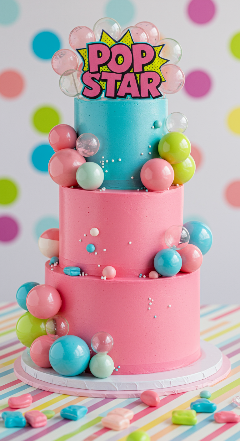 Mehrstöckige pink-türkise Y2K-Torte mit bunten Kugeln, Gelatine-Bubbles und „Pop Star“-Topper.