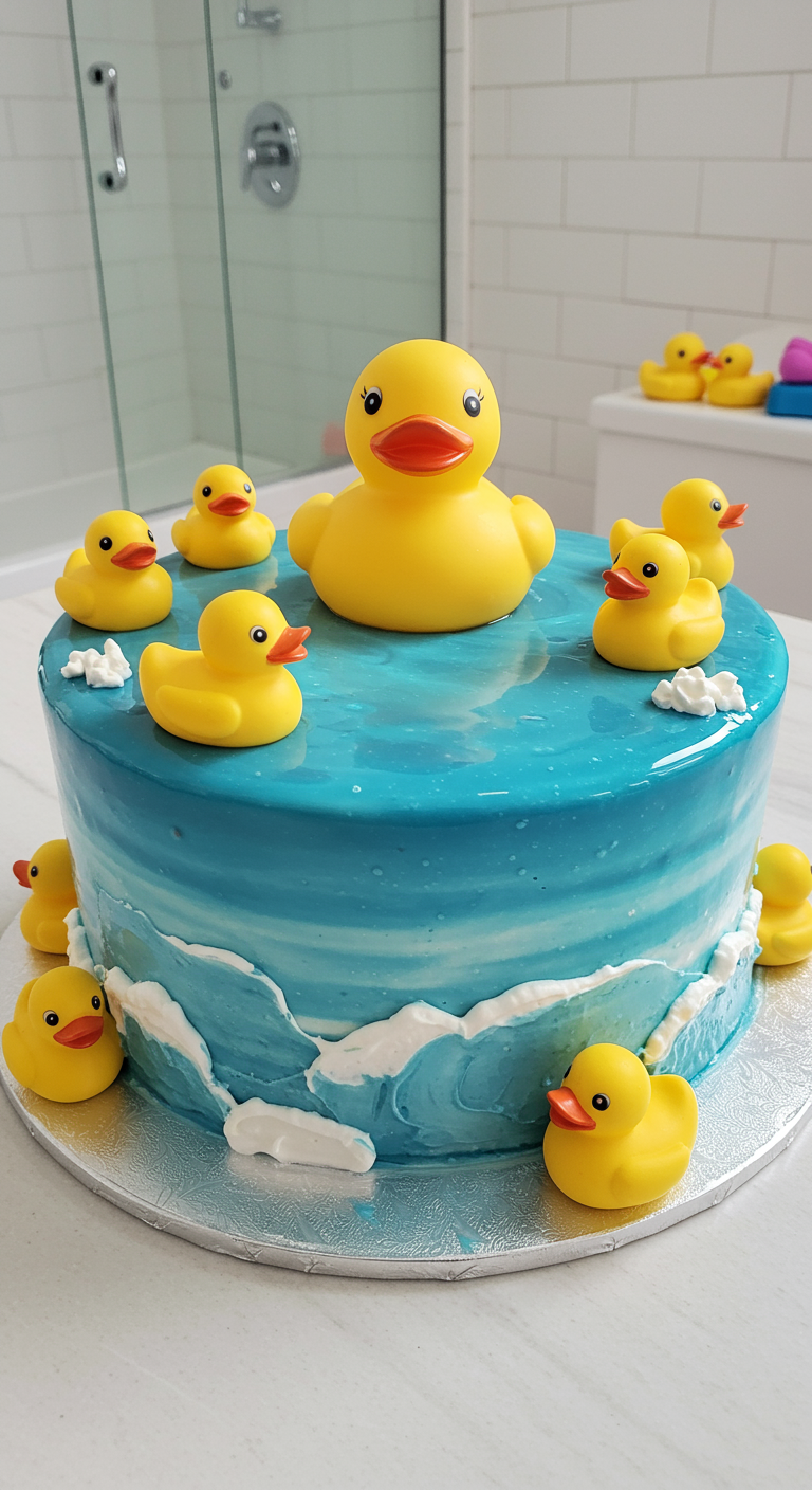 Blaue Torte mit Wellen und gelben Quietscheentchen aus Fondant.