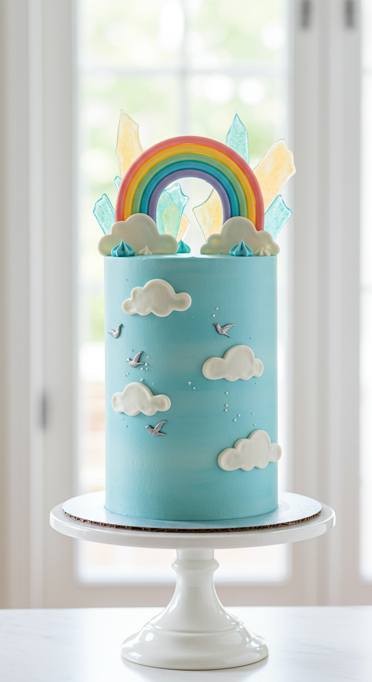 Hellblaue Torte mit Regenbogen, Wolken und Kristall-Deko.