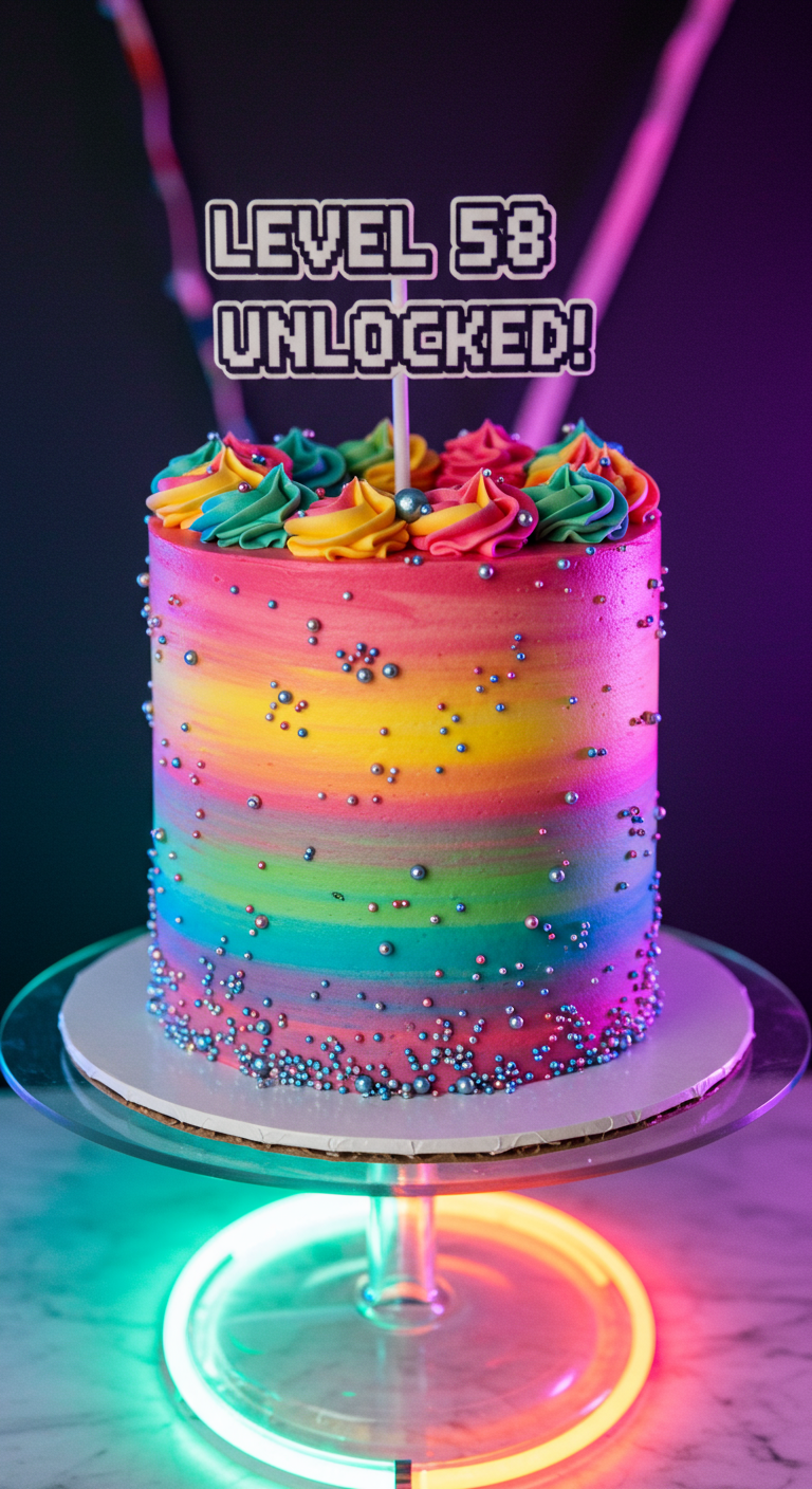 Regenbogenfarbige Torte mit bunten Streuseln und „Level 58 Unlocked“ Topper.
