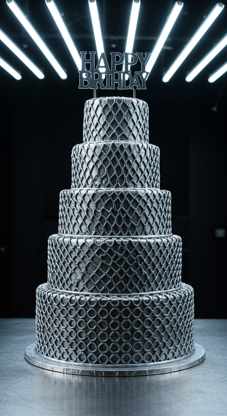 Sehr hohe, mehrstöckige silbergraue Torte mit durchgehendem Reptilienhaut- oder Netzmuster.