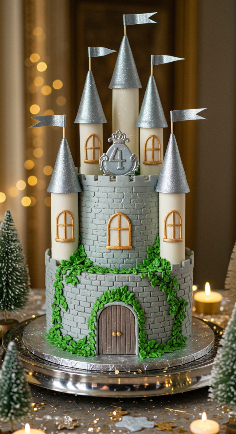 Graue Burgtorte mit silbernen Türmen, Fenstern und grünen Ranken.