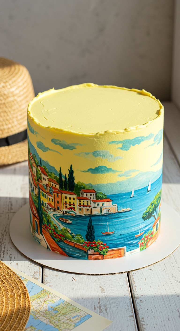 Gelbe Torte mit handgemalter mediterraner Küstenlandschaft