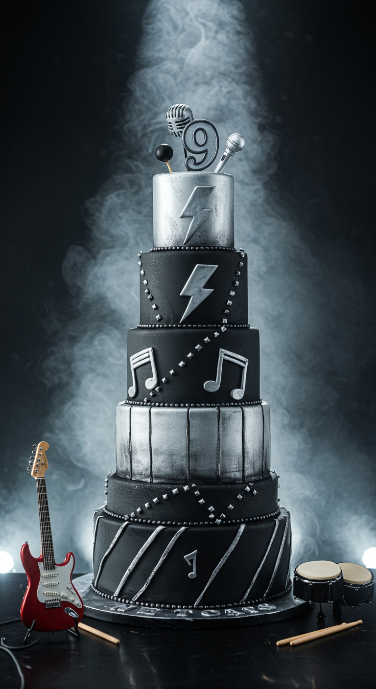 Mehrstöckige Rockband-Torte in Schwarz-Silber mit Noten, Blitzen und Mikrofon-Toppern.