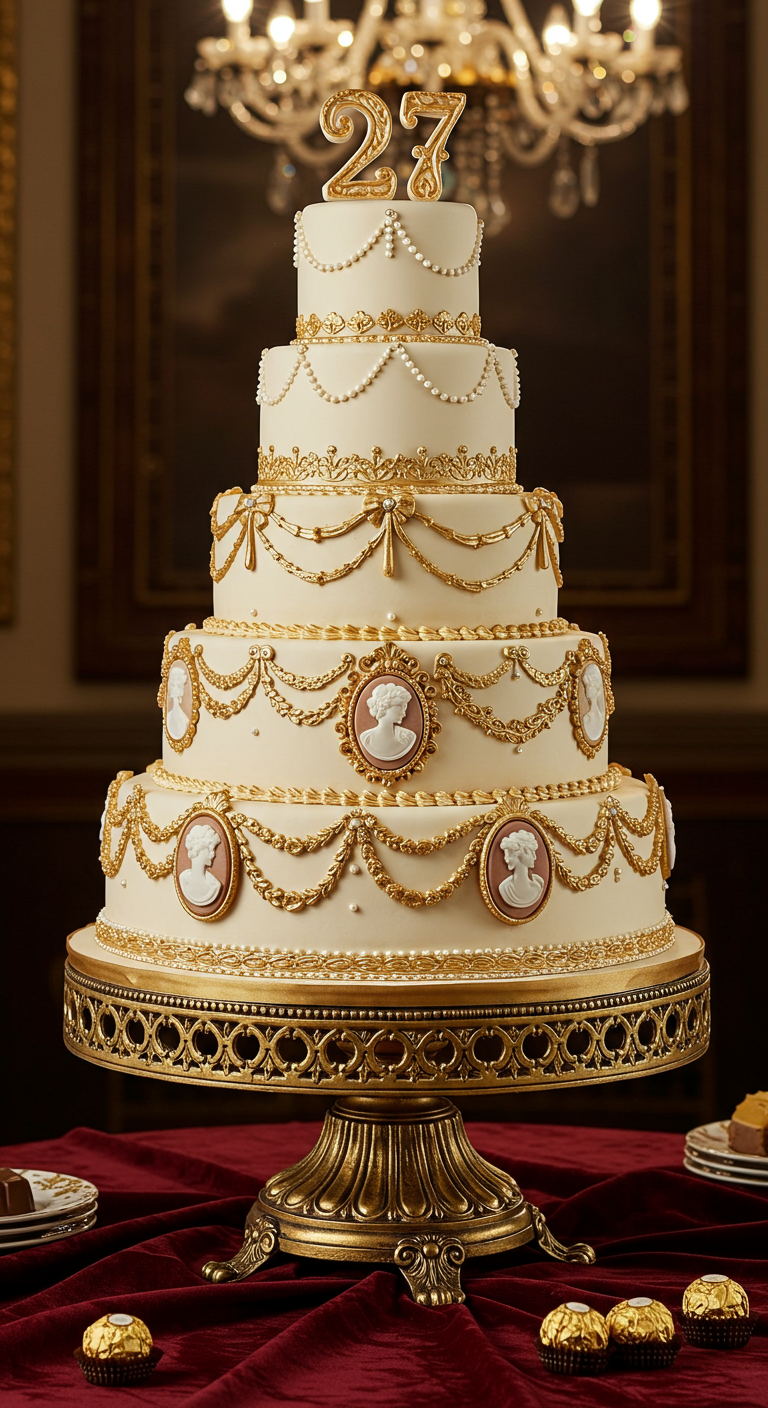 Üppige, mehrstöckige Torte im Rokoko-Stil mit Goldverzierungen und Kameen.
