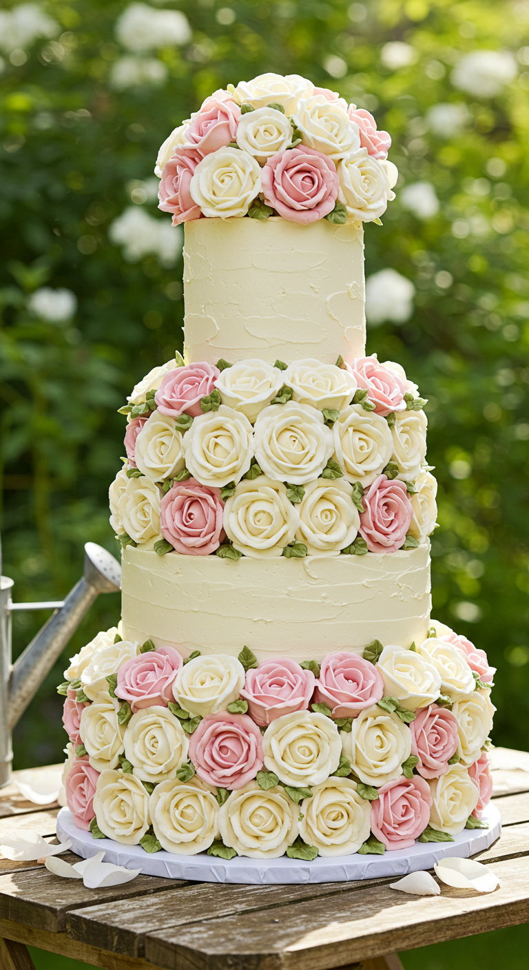 Dreistöckige Torte, vollständig mit Buttercreme-Rosen in Rosa- und Cremetönen bedeckt.