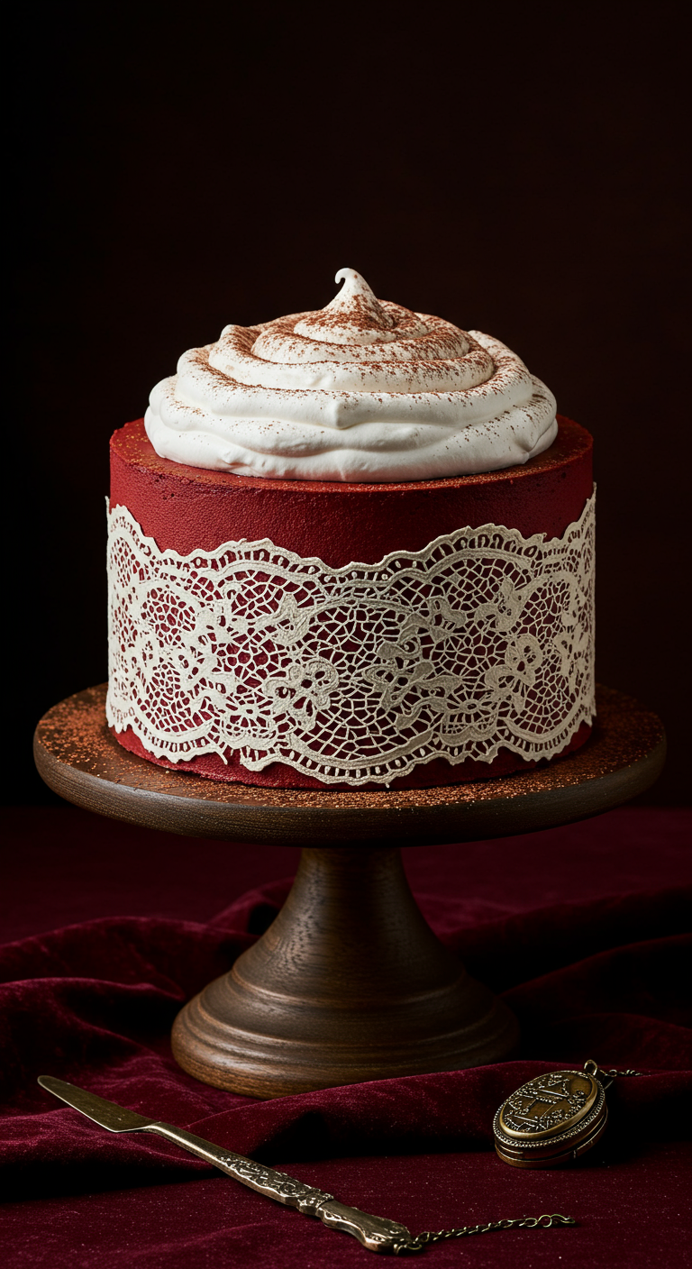 Roter Samtkuchen mit weißem Spitzenband und Sahnetopping.