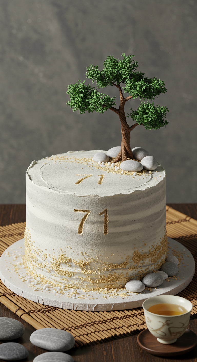 Graue Torte im Zen-Garten-Stil mit eingeritzter 71, Mini-Bonsai und Steinen.