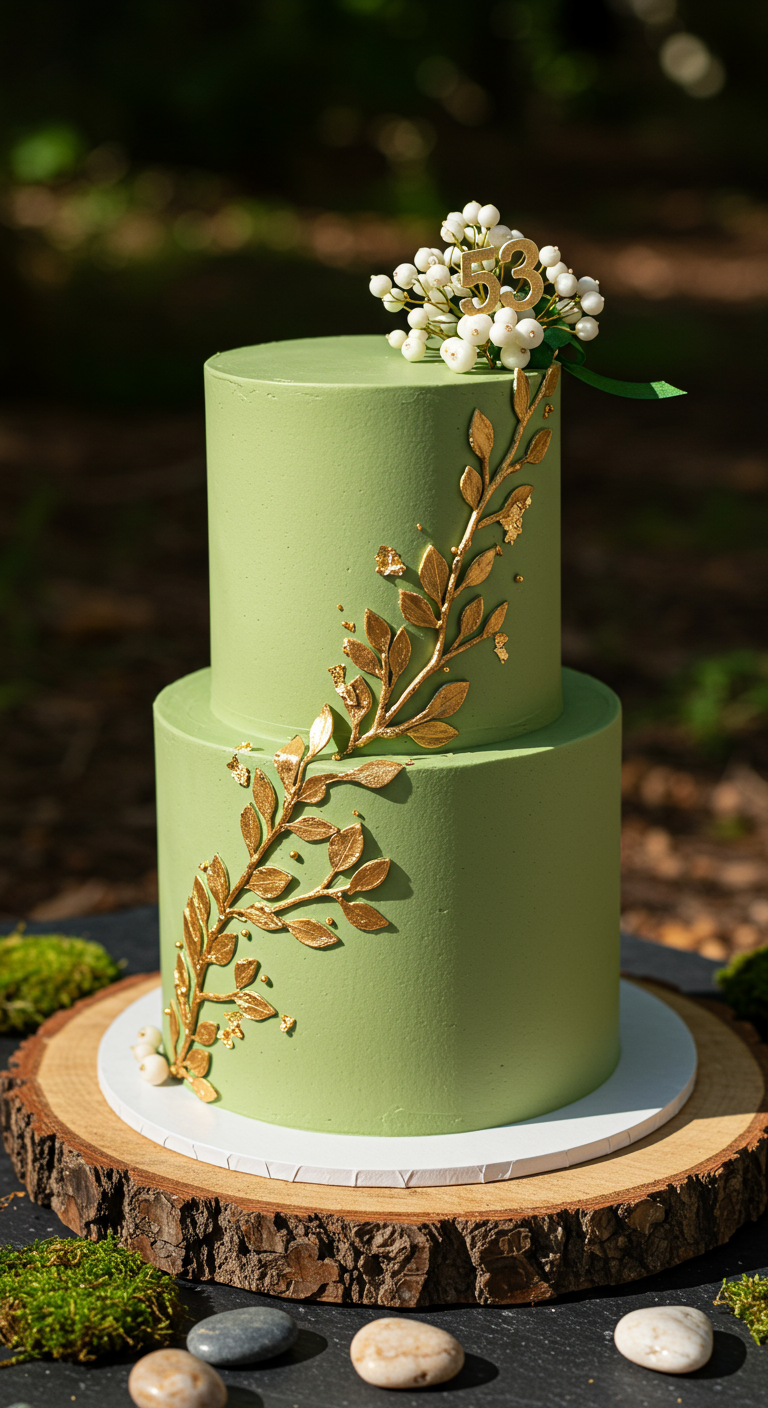 Zweistöckige salbeigrüne Torte mit goldenem Lorbeerzweig und weißer Beerendeko, Zahl 53