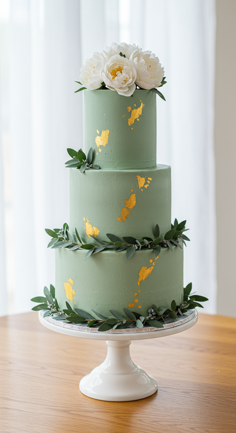 Dreistöckige, salbeigrüne Torte mit Goldakzenten und Olivenzweigen.