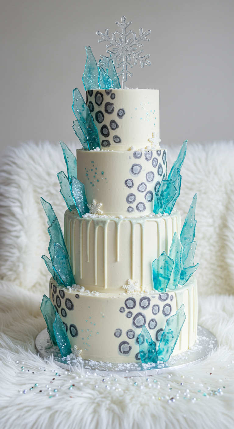 Weiße mehrstöckige Torte mit dezentem Leopardenprint und blauen Zuckerkristall-Splittern.