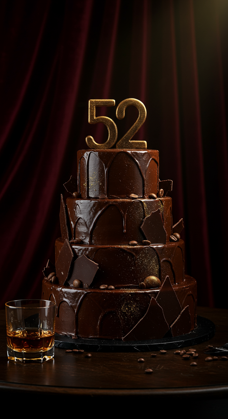 Dreistöckige dunkle Schokoladen-Drip-Torte mit goldenem 52-Topper und Whiskeyglas.