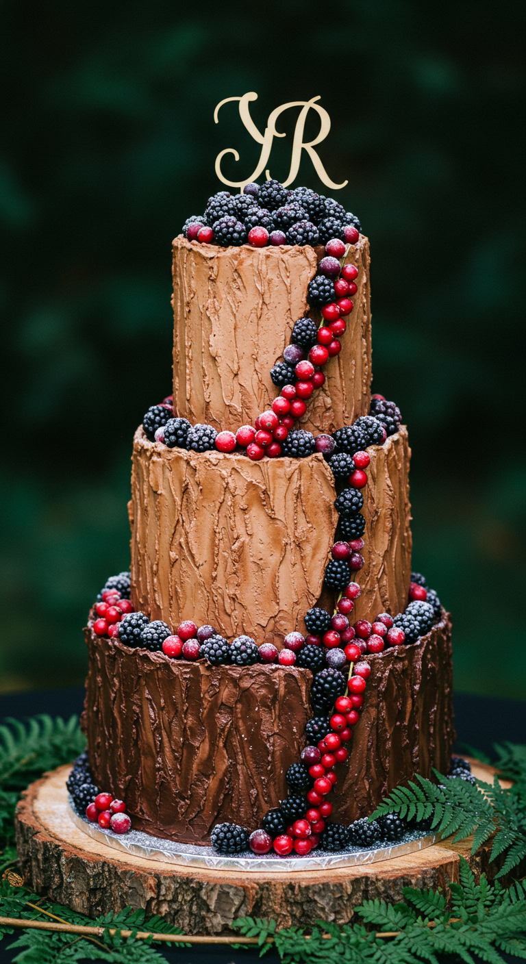 Dreistöckige Schokotorte mit Baumrinden-Optik und gezuckerten Beeren.