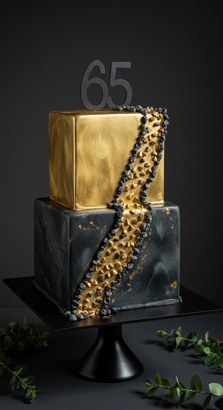 Zweistöckige quadratische Torte in Schwarz und Gold.