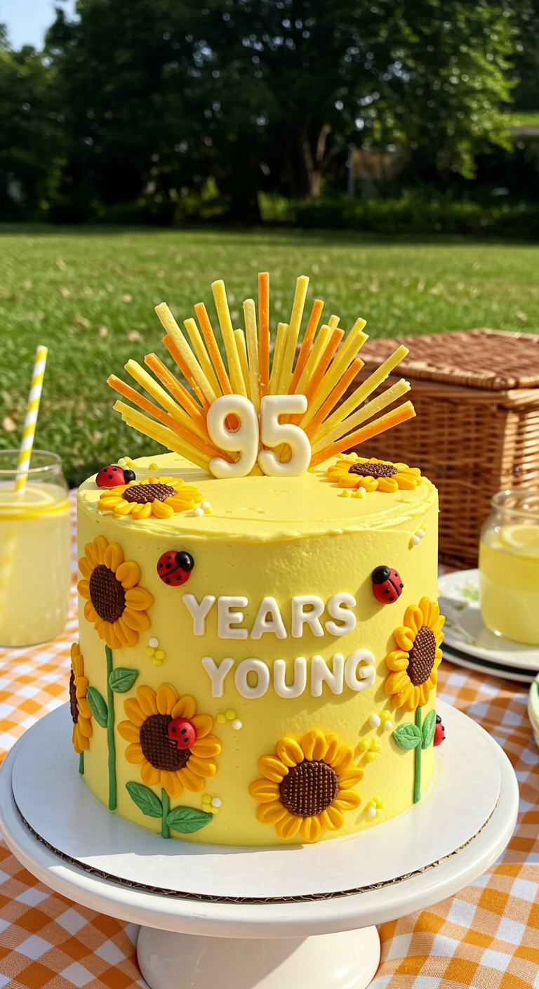 Sonnengelbe Torte mit Fondant-Sonnenblumen, Marienkäfern und Schriftzug „95 Years Young“.
