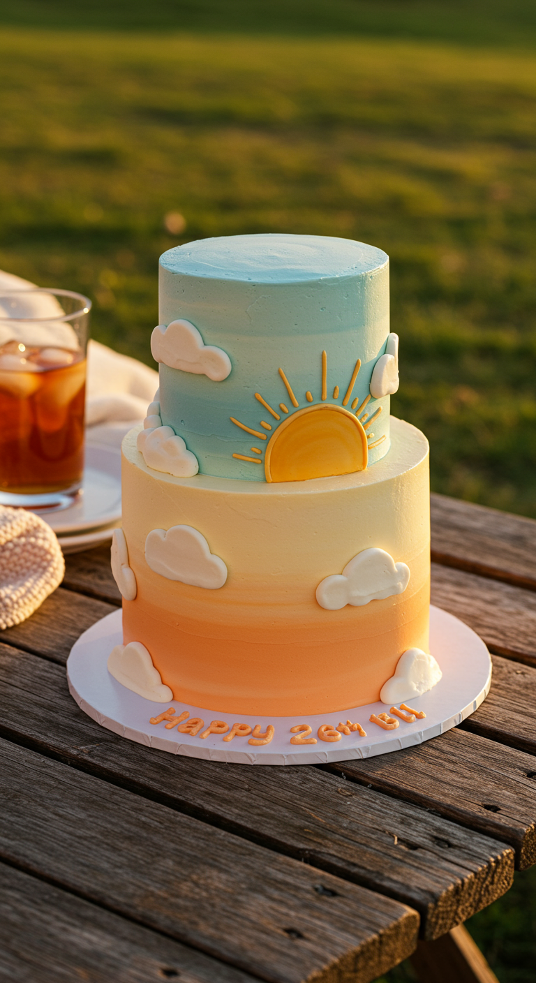 Zweistöckige Ombré-Torte (Sonnenuntergang) mit Wolken und Sonne.