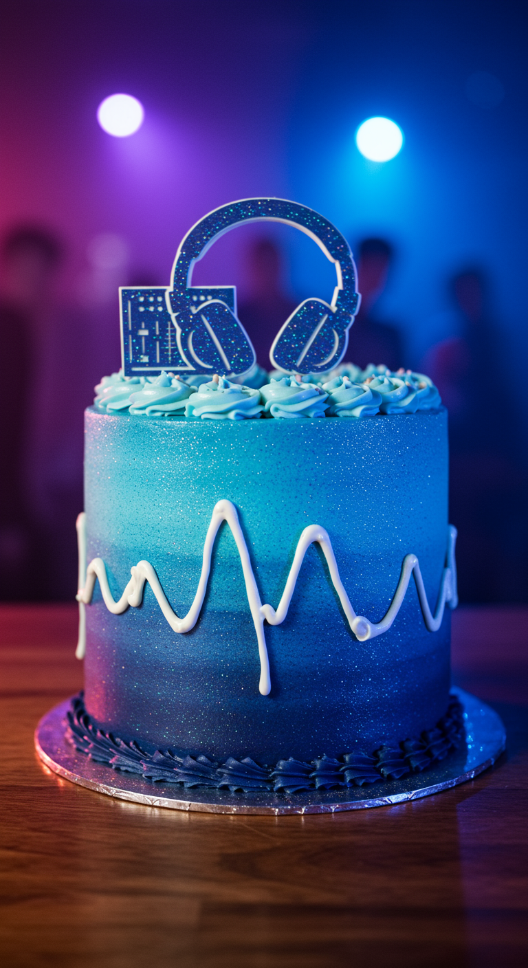 Blaue Ombré-Torte mit weißer Soundwelle und Kopfhörer-Topper.