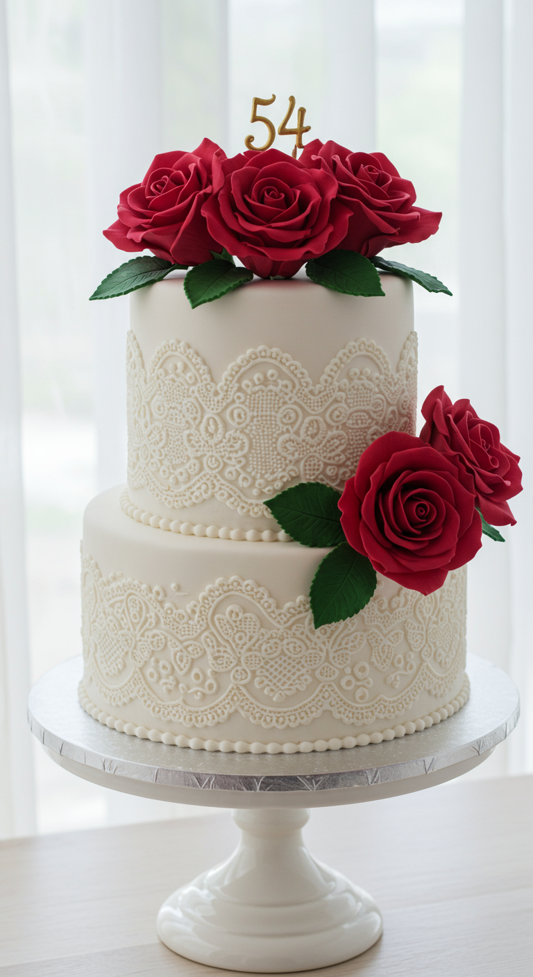 Zweistöckige weiße Torte mit filigranem essbarem Spitzendekor und leuchtend roten Zuckerrosen.