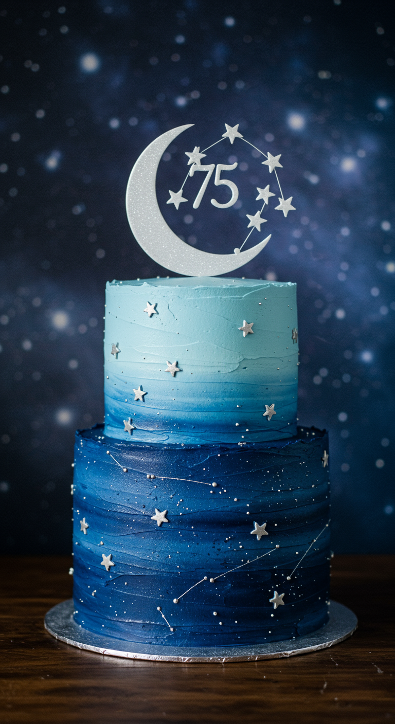 Zweistöckige Torte im Nachtblau-Ombré-Look mit Sternen und Mond-Topper mit Zahl 75.