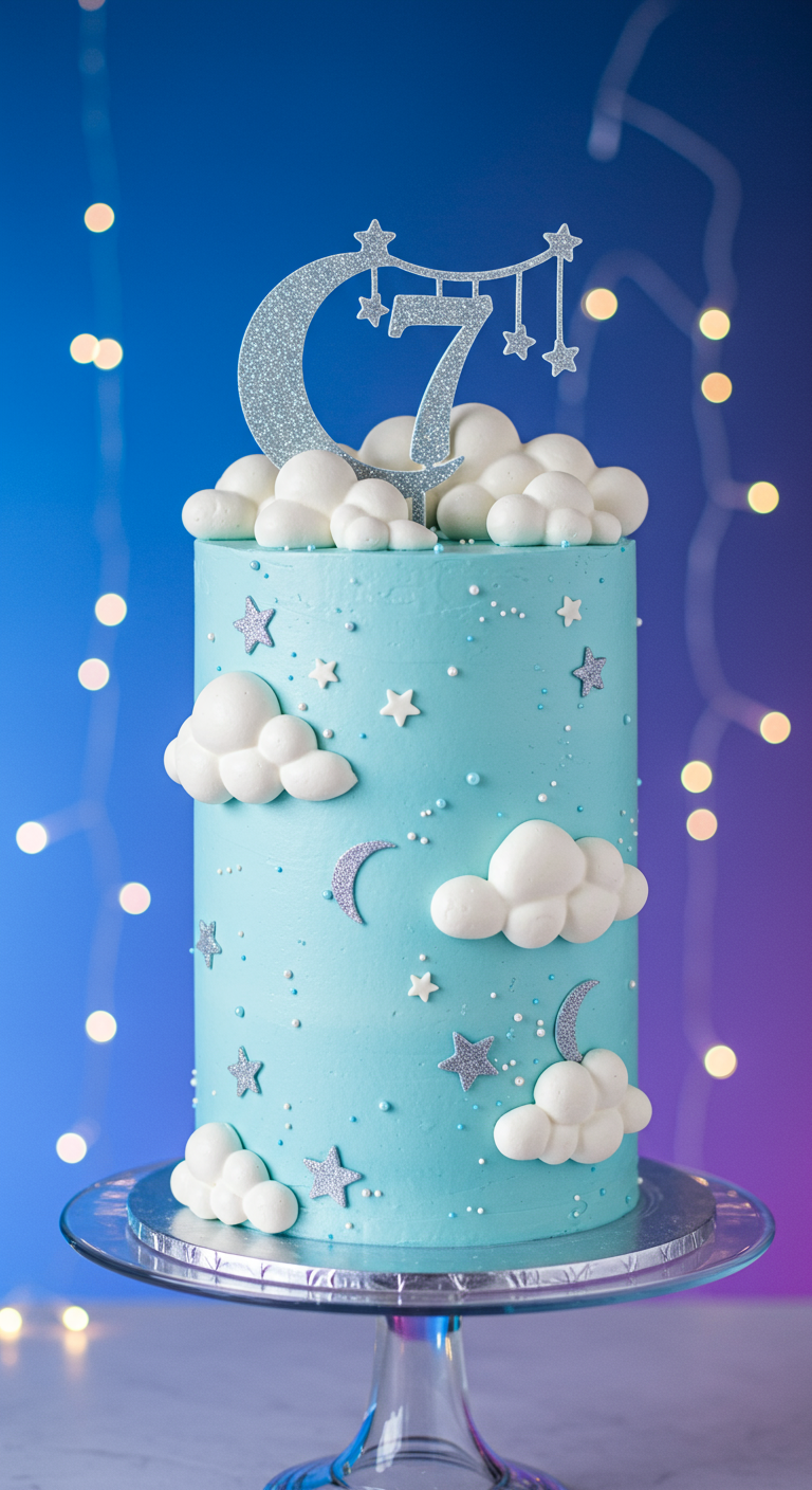 Hellblauer Kuchen mit weißen Fondant-Wolken, Sternen und einer Sieben.