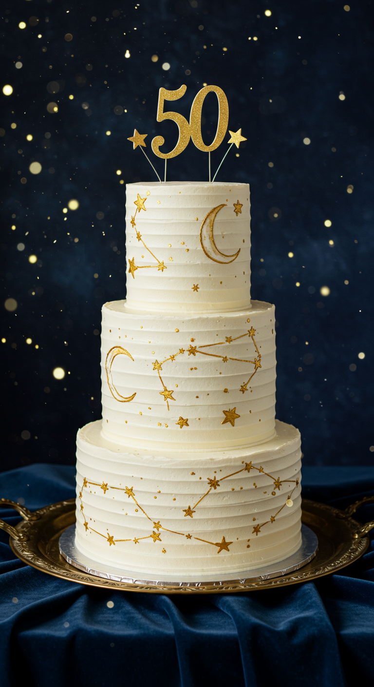 Dreistöckige weiße Torte mit goldenen Sternen- und Mond-Motiven und '50' Topper.