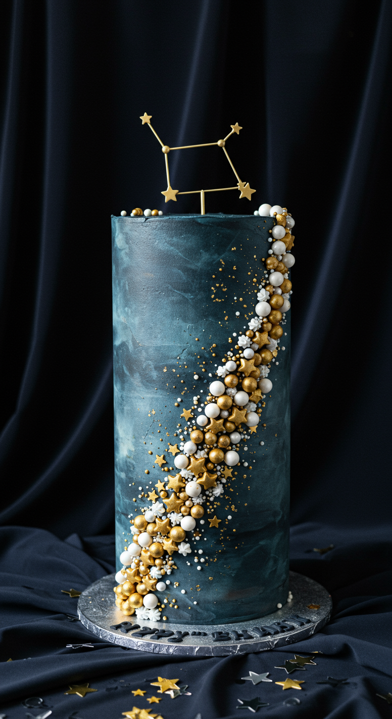 Hohe dunkelblaue Torte mit Kaskade aus goldenen und weißen Zuckerperlen.