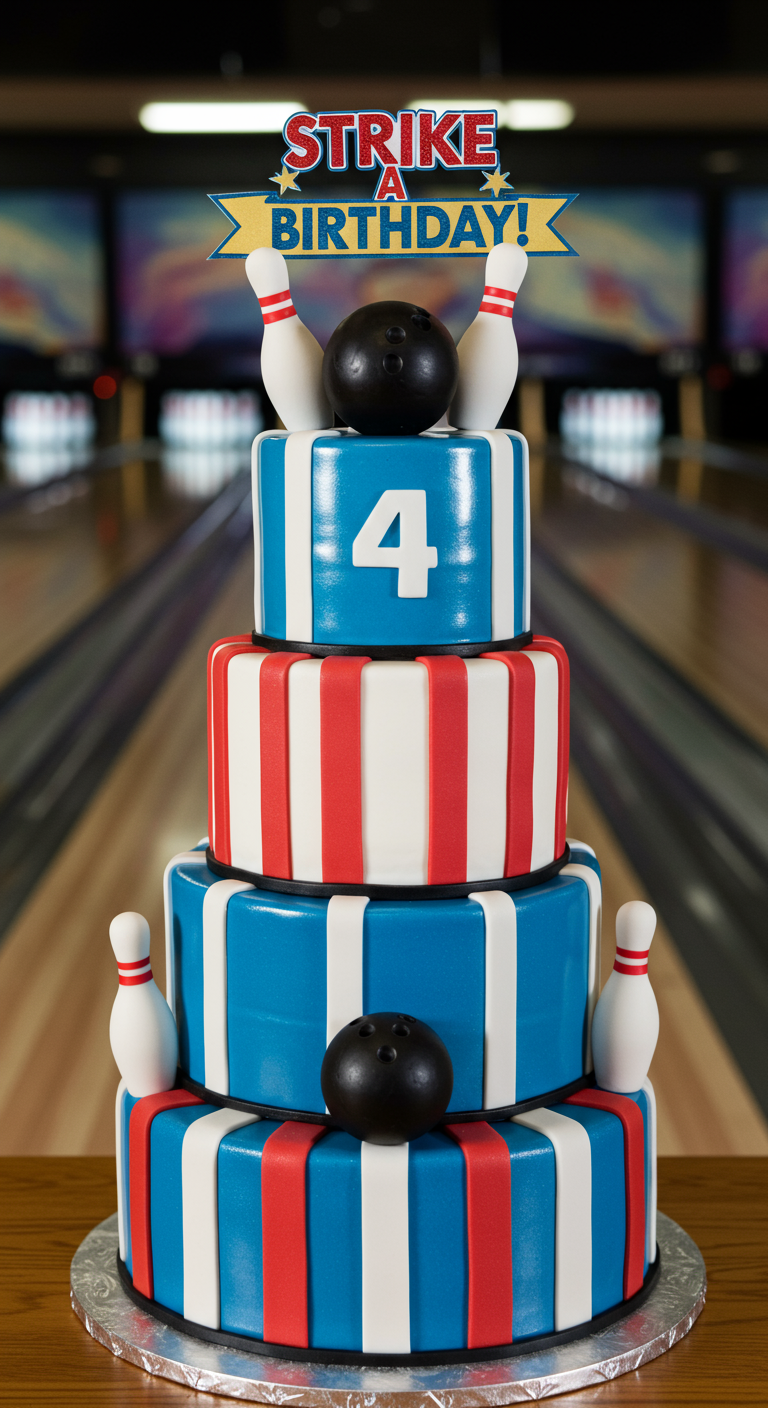 Mehrstöckige Torte im Bowling-Design mit Pins und Kugeln.
