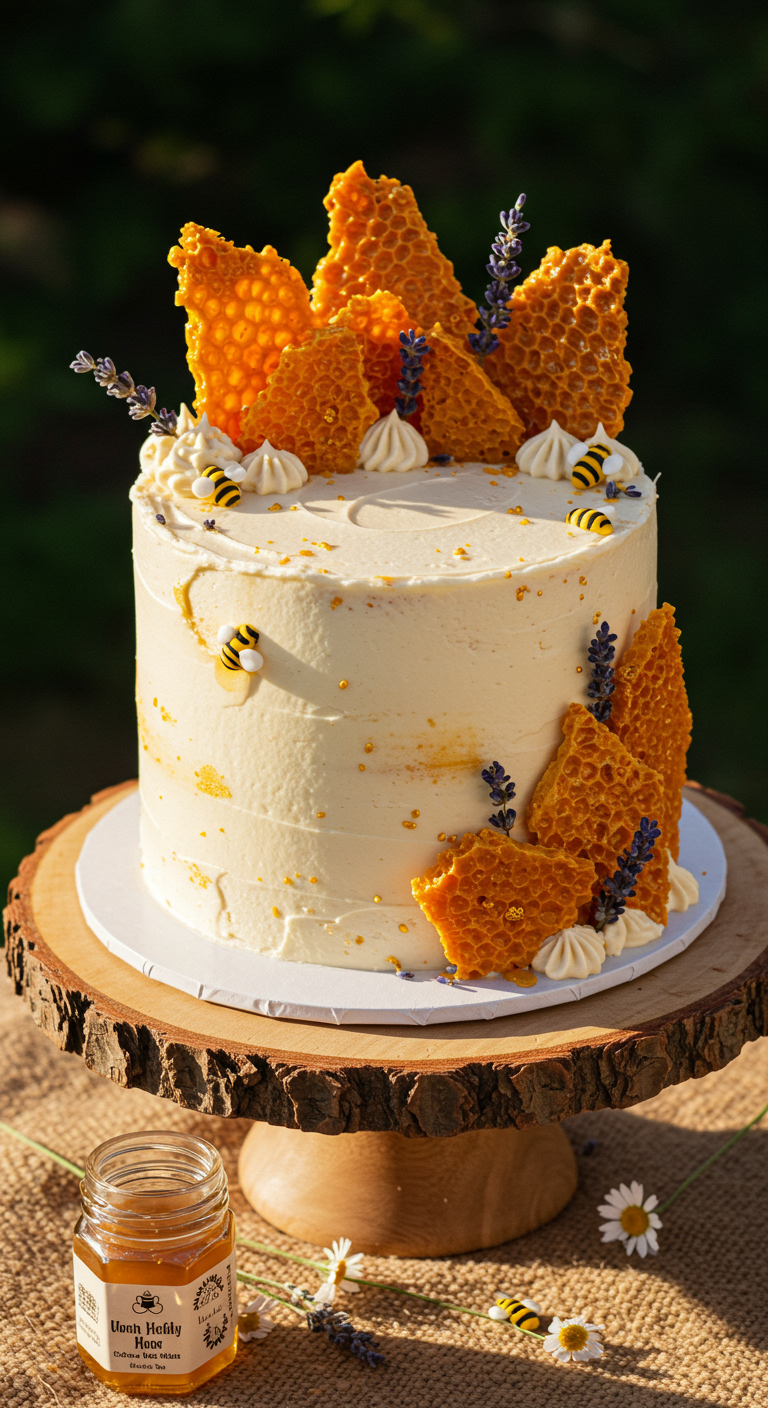 Weiße Torte mit Honigwabenstücken, Zuckerbienen, Lavendel und Goldstaub auf Holzscheibe.