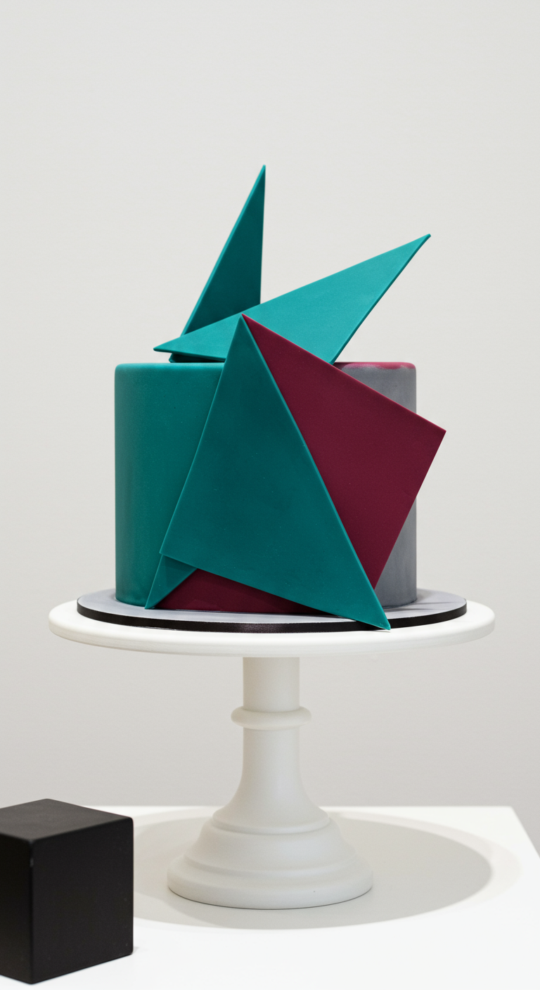 Graue Torte mit türkisen und bordeauxroten geometrischen Fondant-Formen, die dreidimensional wirken.