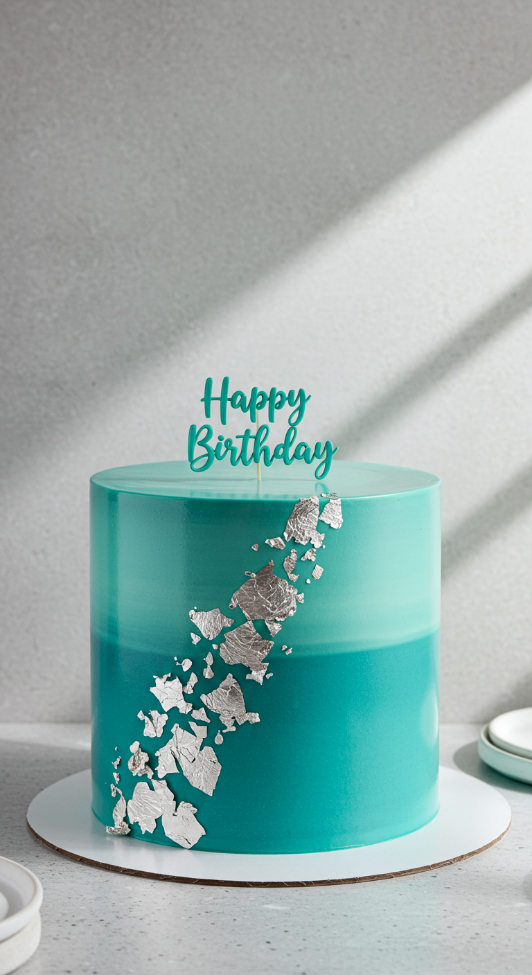 Türkise Ombré-Torte mit diagonalem Silberblatt-Streifen und „Happy Birthday“-Topper.