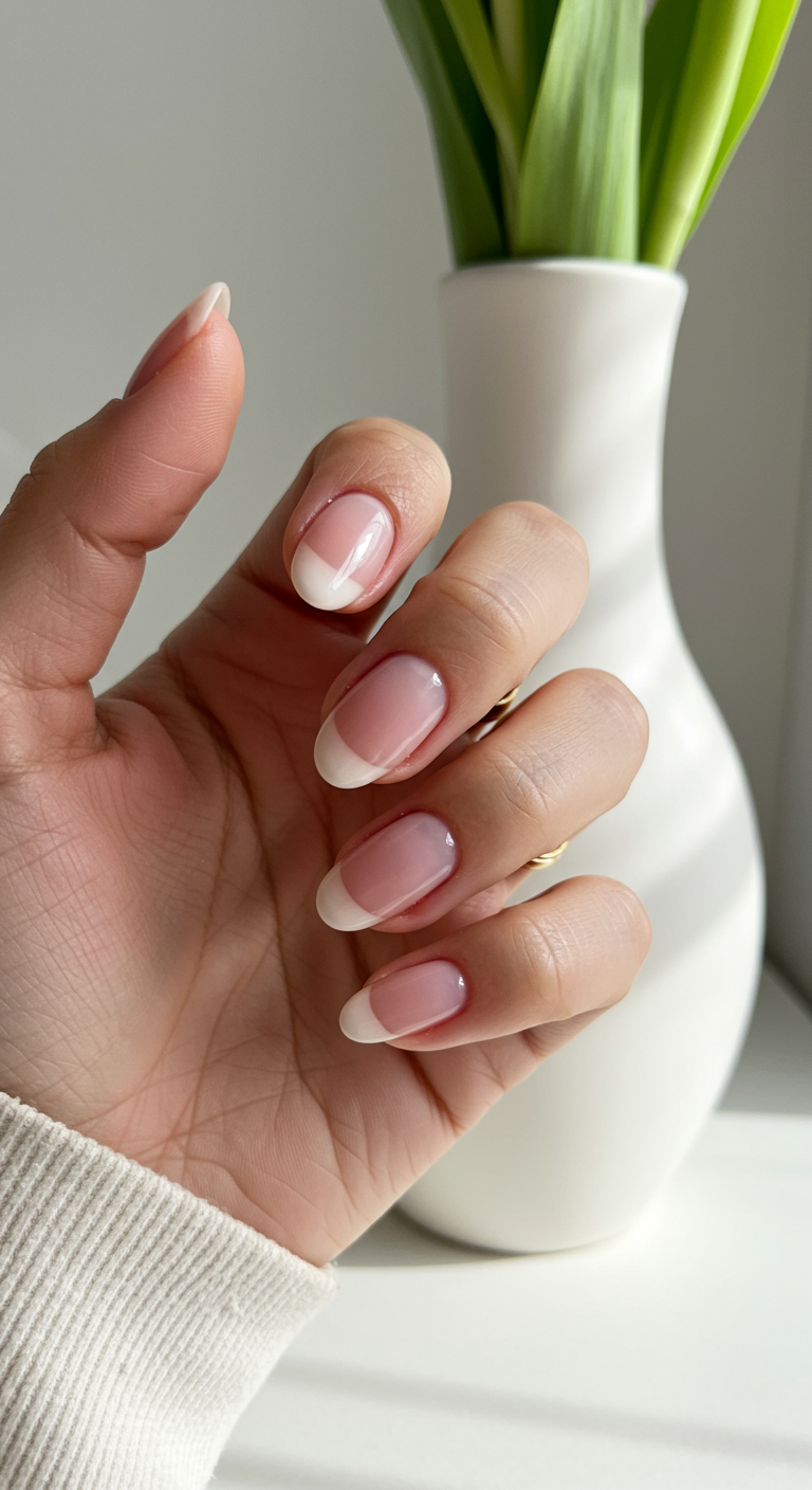 Kurze ovale Nägel mit sehr dünnen klassischen weißen French-Tips.