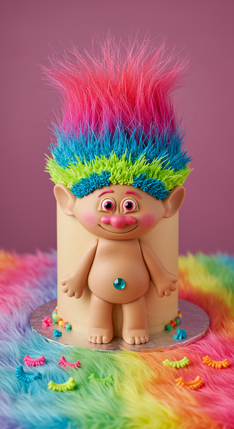 Torte als Troll-Puppe mit bunter Zuckerwatte-Frisur und Juwel im Bauch.
