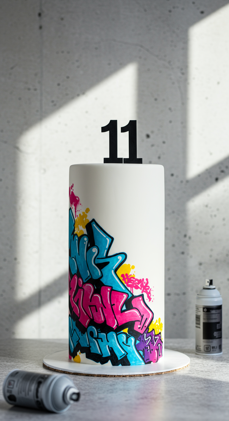 Hohe weiße Torte mit buntem Graffiti-Design und Zahl 11 als Topper.
