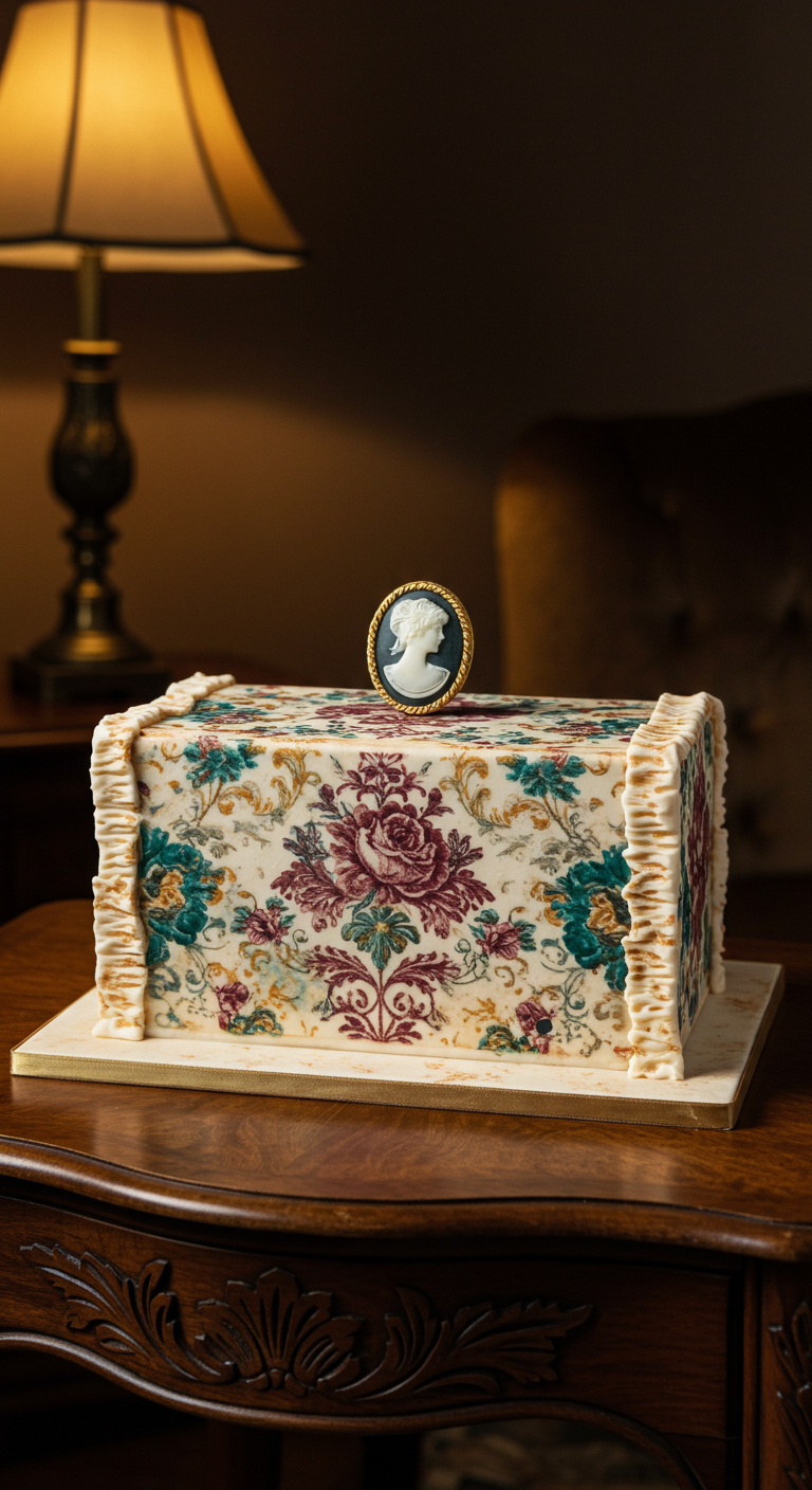 Rechteckige Torte mit buntem Blumenmuster und einer Cameo-Brosche als Dekoration.