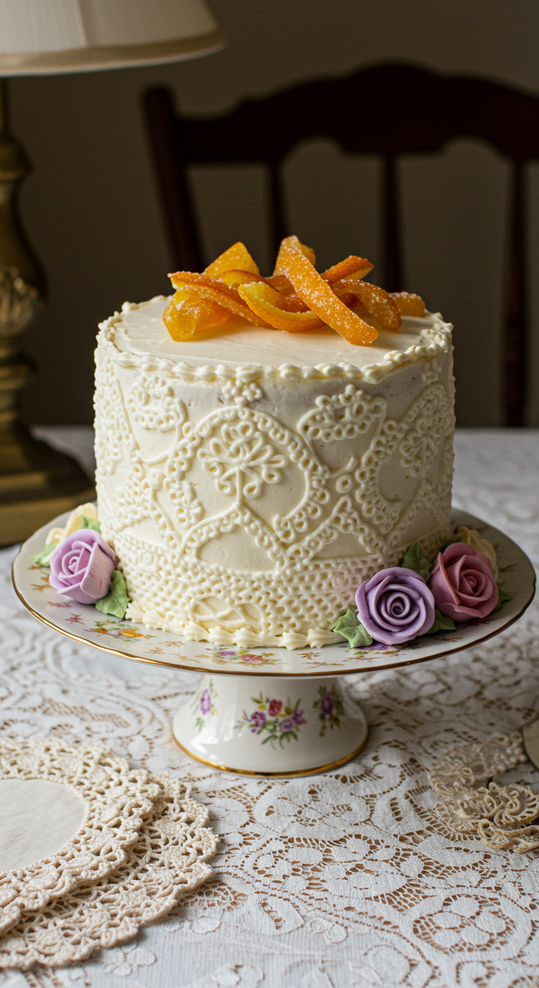 Weiße Torte mit aufwendigem Spitzenmuster, kandierten Orangenschalen und Zuckerrosen.