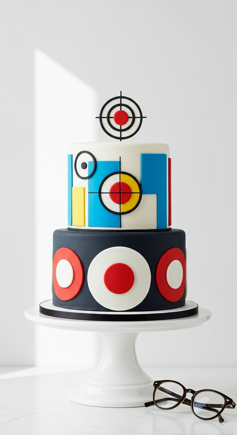 Zweistöckige Torte mit geometrischen Formen und Target-Symbolen im Mod-Stil.