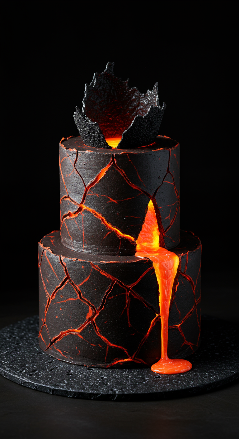 Zweistöckige dunkle Torte, die wie ein Vulkan mit glühender Lava aussieht.