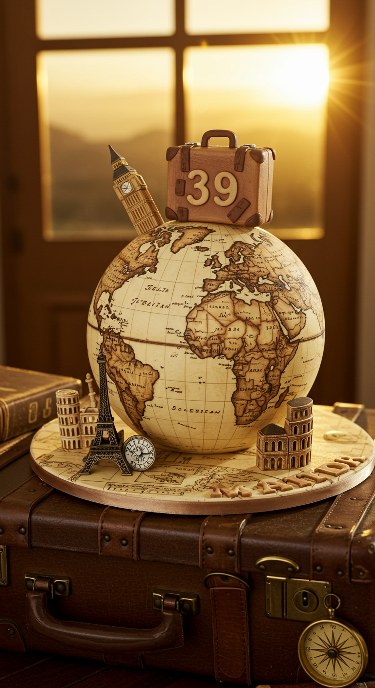 Globus-Torte mit Reise-Motiven und Koffer mit der Zahl 39.