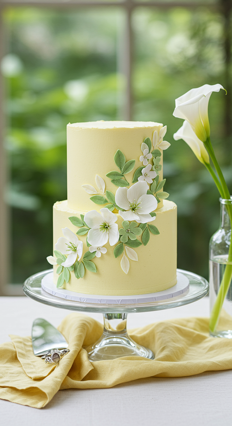 Zweistöckige zartgelbe Torte, dekoriert mit weißen und grünen Zuckerblüten und -blättern.